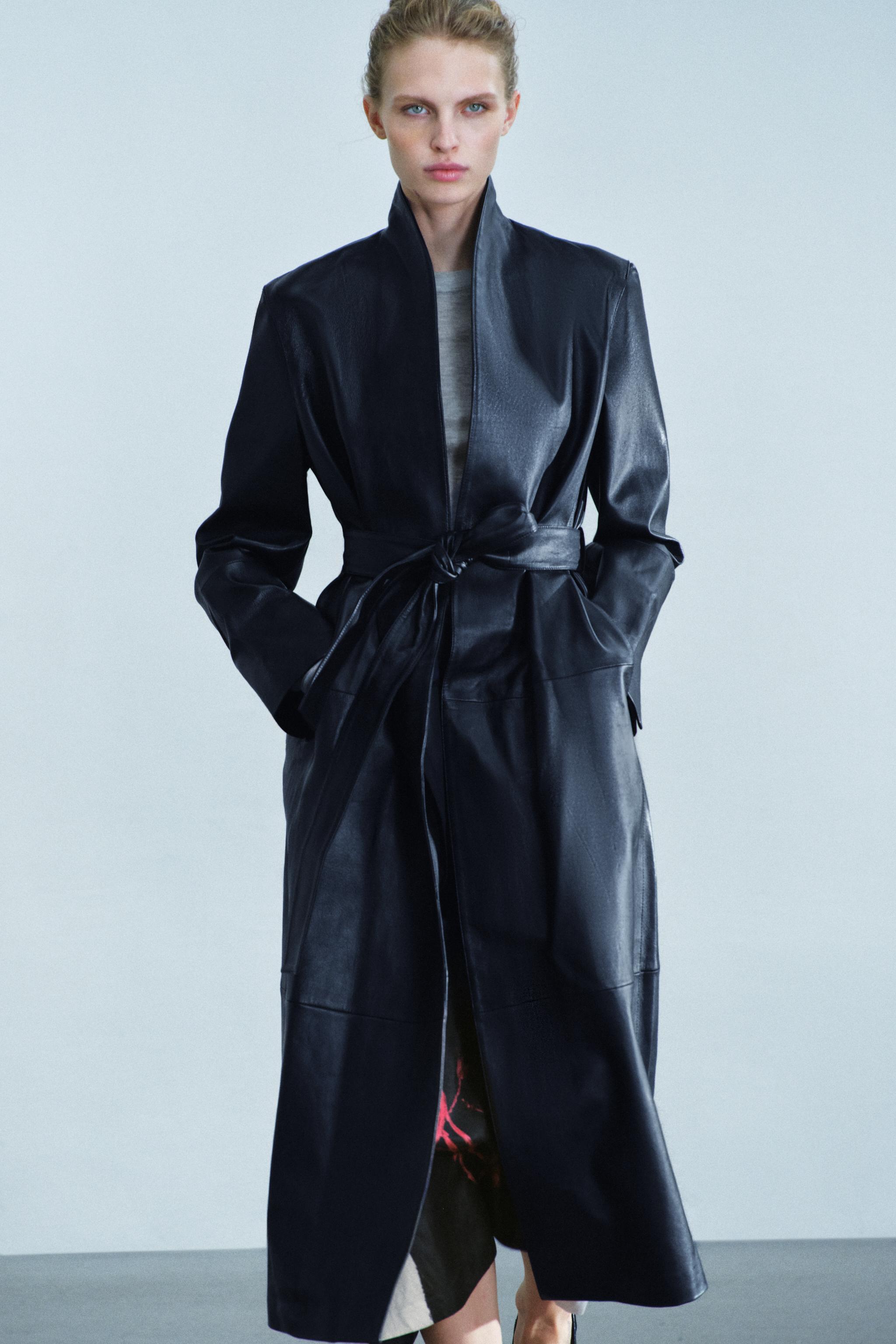 ZW COLLECTION 100% LEATHER BELTED LONG COAT